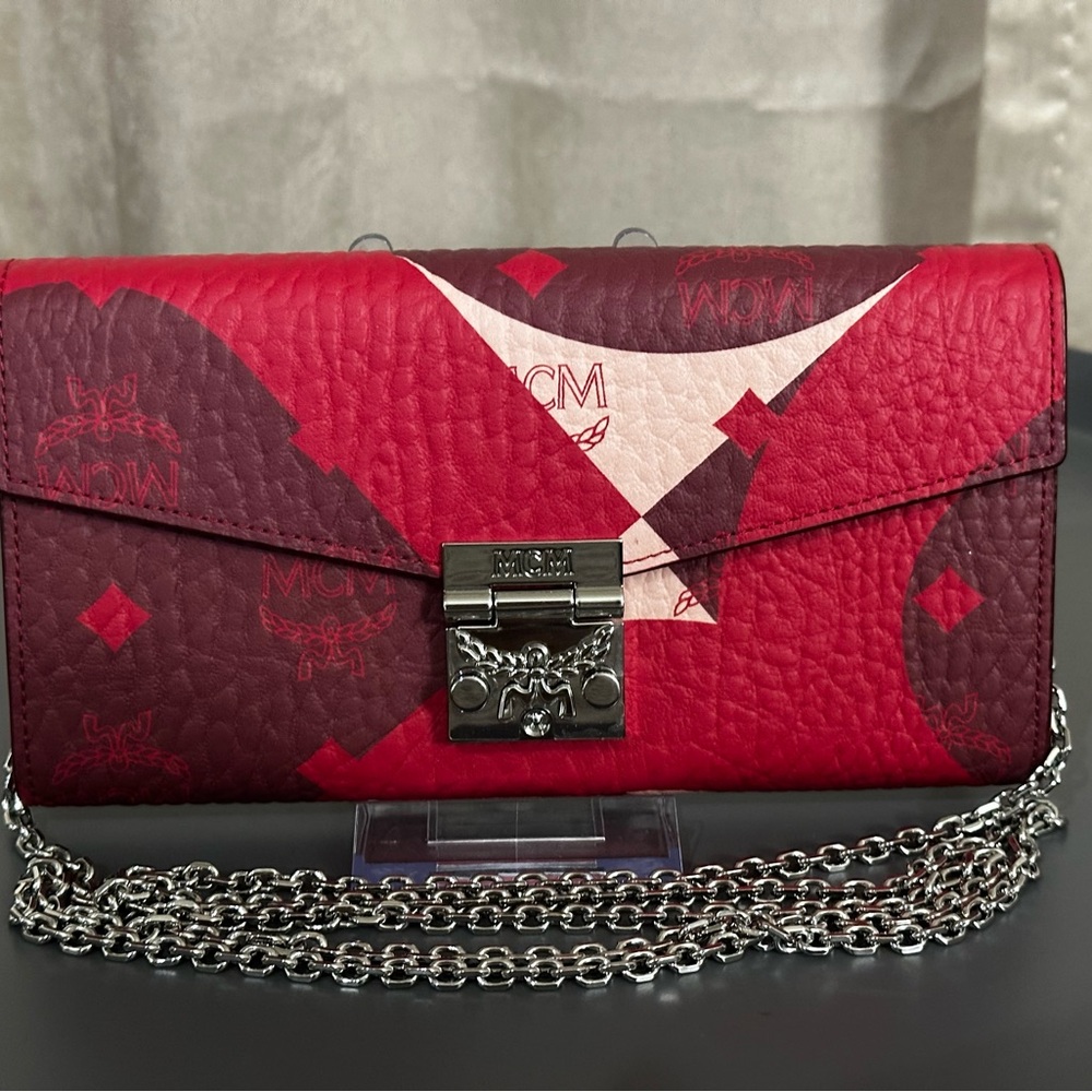 MCM Red and Burgundy Leather wallet on chain w/COA